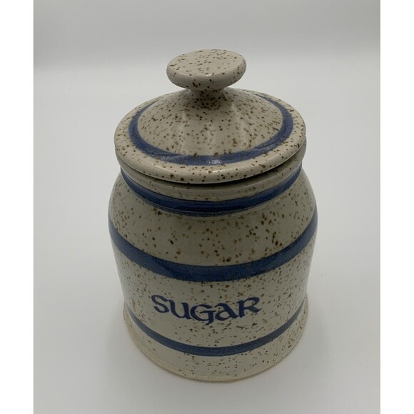 Vintage Art Pottery Sugar Jar with Lid white and blue strapes with brown dots - Picture 1 of 10